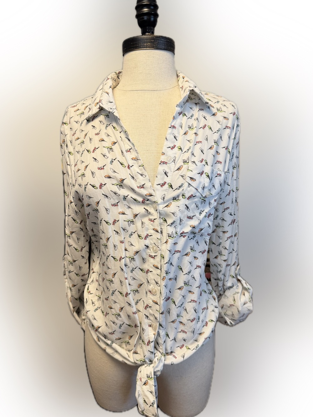 Love Notes Cream Button-Down Shirt with Multicolor Bird Print